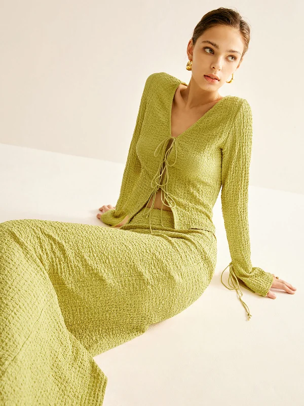 Knit Casual Dresses in Chunky Patterns​ Plain V-Neck Lace Up Skirt Set