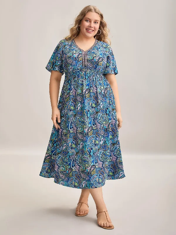 Wrap - Style Casual Dresses for Easy Wear Paisley Print Stretchy Waist Pockets Midi Dress Wrap - Style Casual Dresses for Easy Wear Paisley Print Stretchy Waist Pockets Midi Dress
