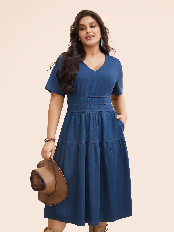 Embroidered Casual Dresses with Intricate Designs Stretch Denim Pockets Tiered Midi Dress Embroidered Casual Dresses with Intricate Designs Stretch Denim Pockets Tiered Midi Dress