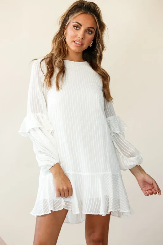Mini dresses with pocket details for added functionality Cate Crew Neckline Balloon Sleeve Frill Dress White Mini dresses with pocket details for added functionality Cate Crew Neckline Balloon Sleeve Frill Dress White