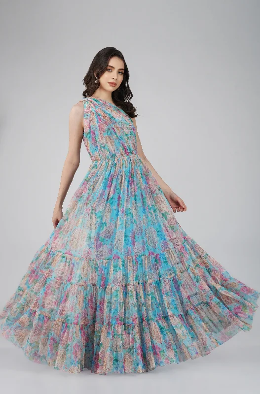 Picnic - Ready Casual Dresses in Bright Colors Roka Floral One Shoulder Maxi Dress in Blue Picnic - Ready Casual Dresses in Bright Colors Roka Floral One Shoulder Maxi Dress in Blue