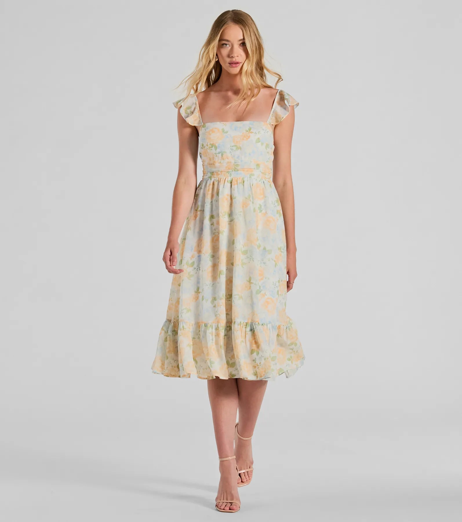 Geometric - Patterned Casual Dresses for a Modern Style​ Delightfully Chic Ruffled Floral Chiffon Midi Dress