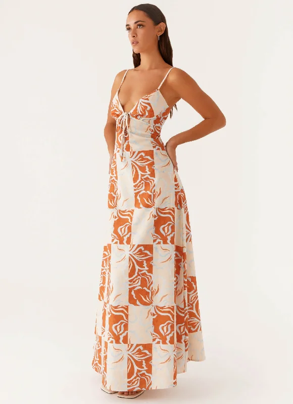 Washable Casual Dresses for Convenient Cleaning Flora Linen Maxi Dress - Orange Blue Floral Washable Casual Dresses for Convenient Cleaning Flora Linen Maxi Dress - Orange Blue Floral
