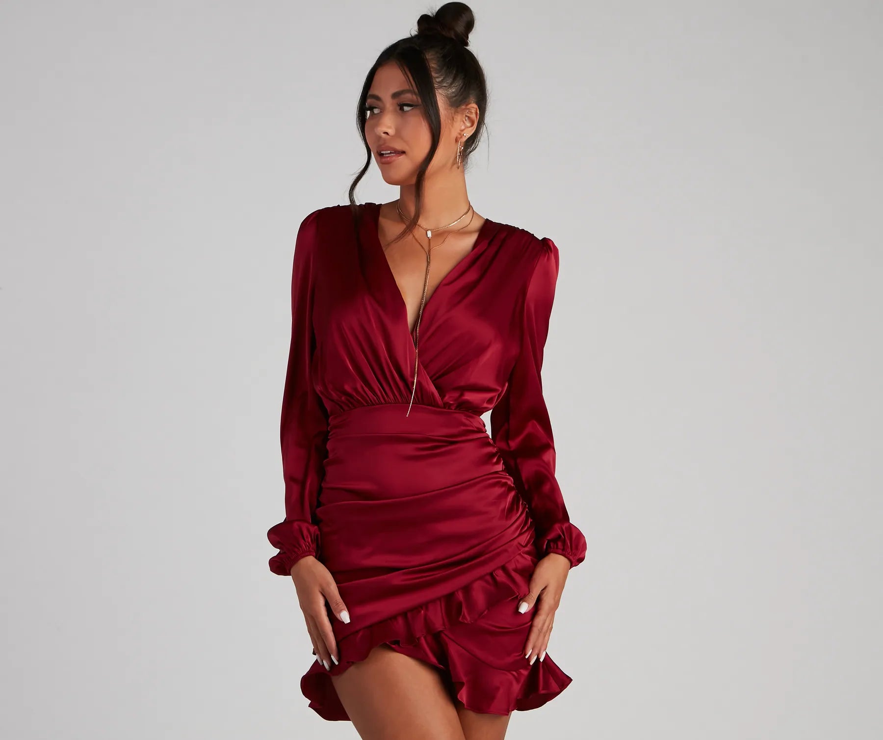 Mini dresses with cut - out details for a trendy look Ruffle Romance Satin Mini Dress