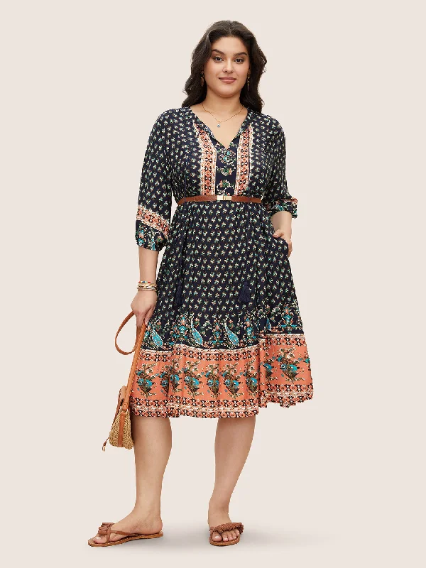 Off - Shoulder Casual Dresses for a Feminine Touch Bandana Tassels Lantern Sleeve Ruffle Pocket Keyhole Neck Dress Off - Shoulder Casual Dresses for a Feminine Touch Bandana Tassels Lantern Sleeve Ruffle Pocket Keyhole Neck Dress