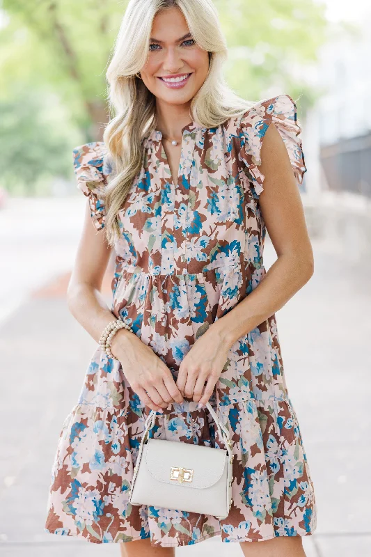 Drawstring - Waist Casual Dresses for Adjustable Tightness At This Time Brown Floral Dress Drawstring - Waist Casual Dresses for Adjustable Tightness At This Time Brown Floral Dress