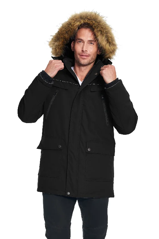 Denim men jackets with embroidered patches for a personalized touch Men coats with a detachable faux - fur collar for a trendy and warm touch MEN'S VEGAN DOWN PARKA Denim men jackets with embroidered patches for a personalized touch Men coats with a detachable faux - fur collar for a trendy and warm touch MEN'S VEGAN DOWN PARKA