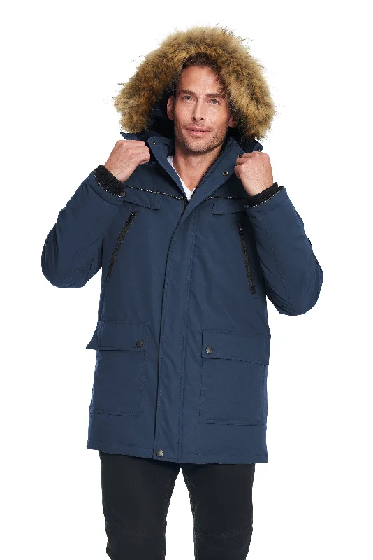 Bomber men jackets with ribbed cuffs for a classic 80s style Slim - fit men coats in navy blue for a classic and sophisticated appearance MEN'S VEGAN DOWN PARKA Bomber men jackets with ribbed cuffs for a classic 80s style Slim - fit men coats in navy blue for a classic and sophisticated appearance MEN'S VEGAN DOWN PARKA