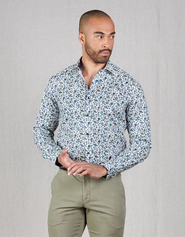 Plus Size Men's Striped Chambray Casual Shirts with a Spread Collar for a Preppy Appearance Barbican Blue Floral Print Shirt Plus Size Men's Striped Chambray Casual Shirts with a Spread Collar for a Preppy Appearance Barbican Blue Floral Print Shirt