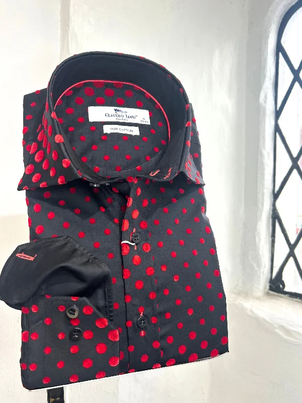 Men's Short - Sleeve Linen Casual Shirts in Light Khaki for a Breathable Summer Option BLACK AND RED SPOT FLOCKED LONG SLEEVE SHIRT Men's Short - Sleeve Linen Casual Shirts in Light Khaki for a Breathable Summer Option BLACK AND RED SPOT FLOCKED LONG SLEEVE SHIRT