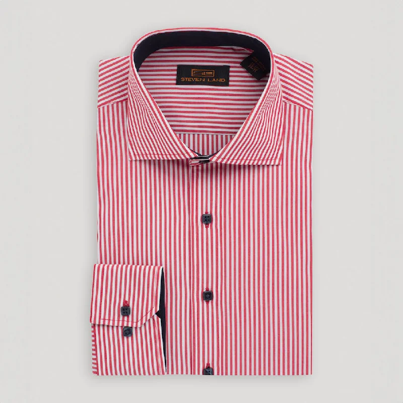 Men's Long - Tail Dress Shirts in Olive Green for Tucking into Trousers Neatly The Earl Striped Dress Shirt | Barrel Cuff & Spread Collar | Red Men's Long - Tail Dress Shirts in Olive Green for Tucking into Trousers Neatly The Earl Striped Dress Shirt | Barrel Cuff & Spread Collar | Red
