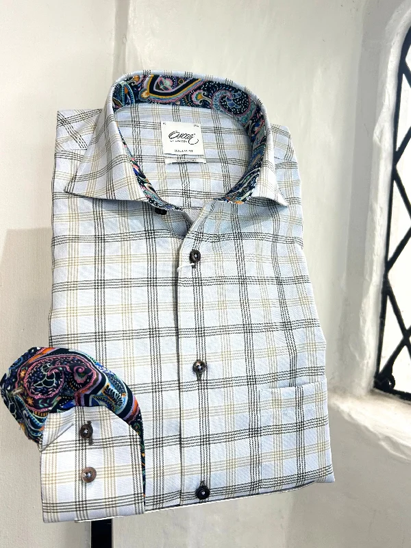 Men's Distressed Denim Casual Shirts with Frayed Edges for a Trendy and Rugged Look LIGHT BEIGE CHECK LONG SLEEVE SHIRT Men's Distressed Denim Casual Shirts with Frayed Edges for a Trendy and Rugged Look LIGHT BEIGE CHECK LONG SLEEVE SHIRT