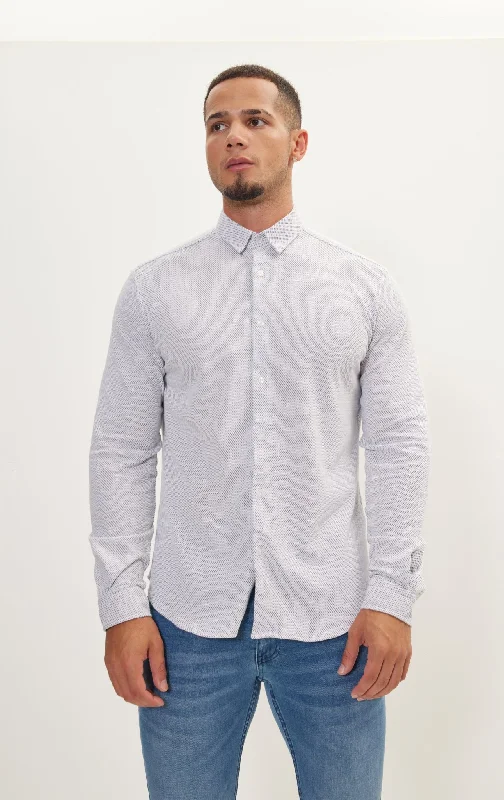 Men's Long - Tail Dress Shirts in Olive Green for Tucking into Trousers Neatly Pure Cotton Knit Travel Shirt - White Honeycomb Jacquard Men's Long - Tail Dress Shirts in Olive Green for Tucking into Trousers Neatly Pure Cotton Knit Travel Shirt - White Honeycomb Jacquard