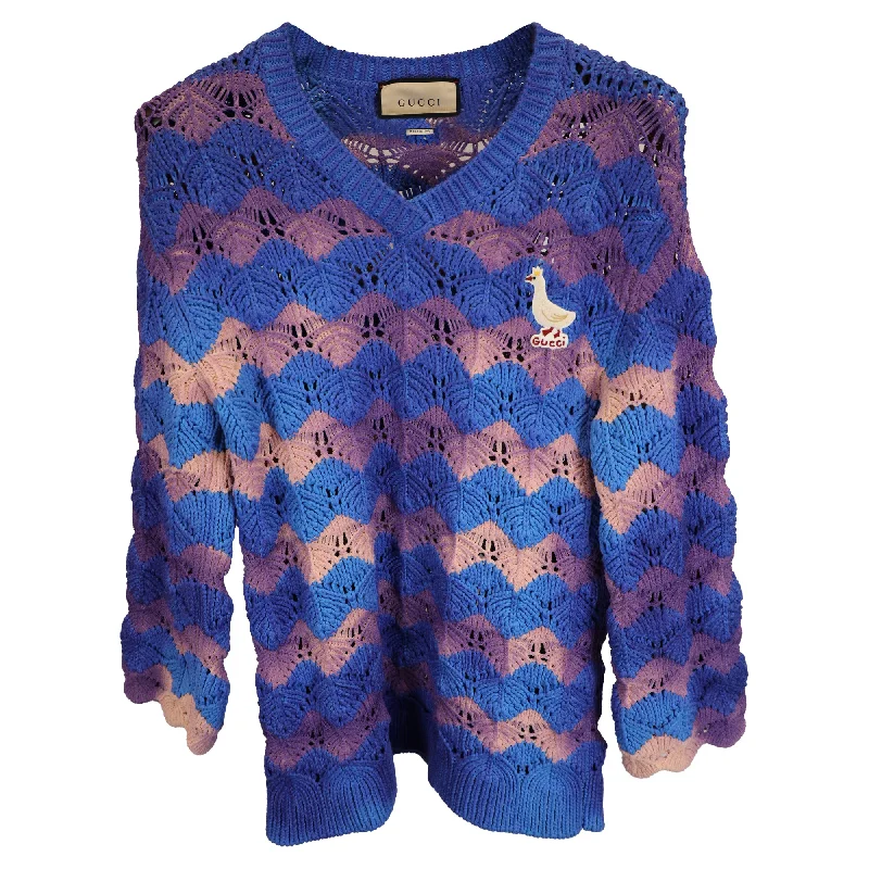 Gucci Knitted Duck-Embroidered V-neck Sweater in Multicolor Cotton