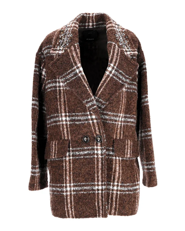 Pinko Double-Breasted Check Coat in Brown Polyester