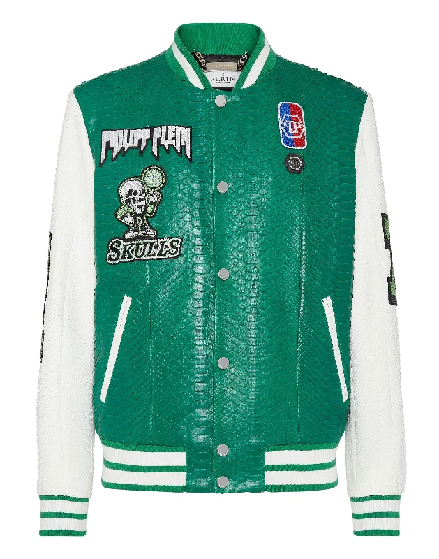 Tailored men jackets to pair with formal trousers for business meetings Python Leather College Jacket Basketball with Crystals Tailored men jackets to pair with formal trousers for business meetings Python Leather College Jacket Basketball with Crystals