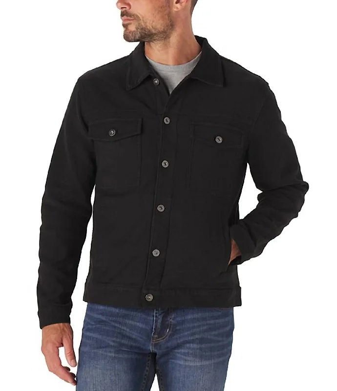 Plus - size men jackets with adjustable drawstrings for a comfortable fit Tailored Terry Trucker Jacket In Black Plus - size men jackets with adjustable drawstrings for a comfortable fit Tailored Terry Trucker Jacket In Black