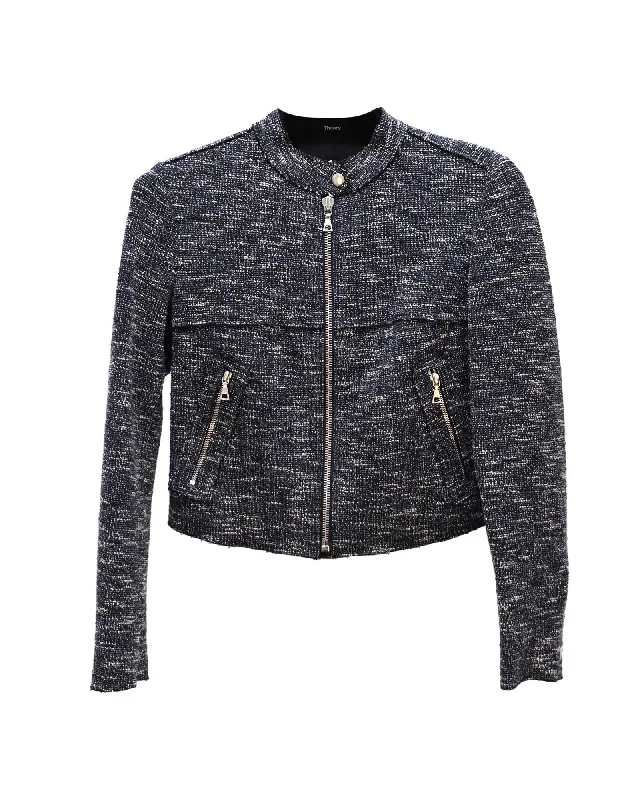 Theory Cropped Moto Jacket in Blue Cotton Tweed