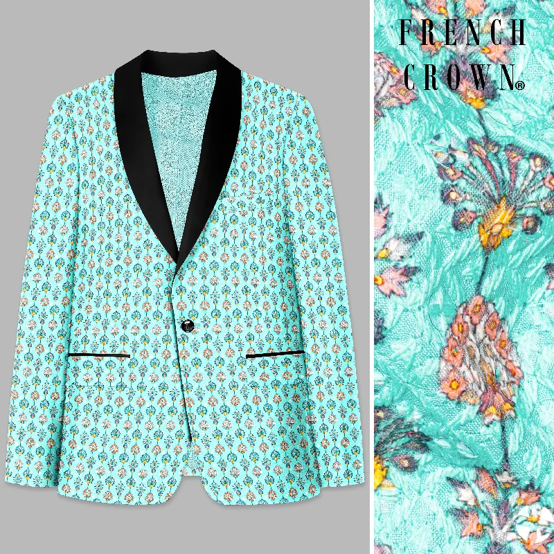 Men Blazers for Winter Carnival in Festive and Warm Styles Aquamarine Blue And Tangerine Peach Designer Thread Embroidered Tuxedo Blazer Men Blazers for Winter Carnival in Festive and Warm Styles Aquamarine Blue And Tangerine Peach Designer Thread Embroidered Tuxedo Blazer