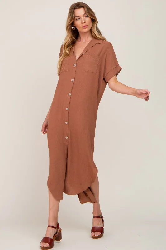 Camel Button Down Hi Low Maxi Dress