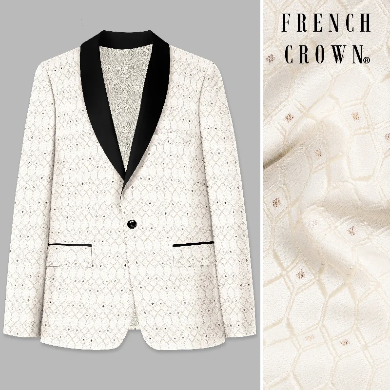 Men Blazers for Cocktail Parties in Satin - like and Shiny Fabrics Fantasy Cream Trellis Jacquard Weave Tuxedo Blazer Men Blazers for Cocktail Parties in Satin - like and Shiny Fabrics Fantasy Cream Trellis Jacquard Weave Tuxedo Blazer
