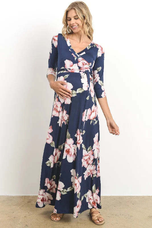 Floral Faux Wrap Maternity & Nursing Maxi Dress