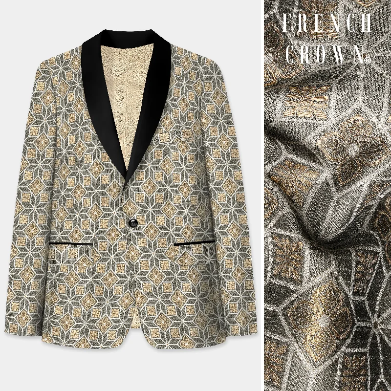 Men Blazers for Company Outings in Casual yet Presentable Styles Friar Gray and Pavlova Brown Geometric Pattern Jacquard Weave Tuxedo Blazer Men Blazers for Company Outings in Casual yet Presentable Styles Friar Gray and Pavlova Brown Geometric Pattern Jacquard Weave Tuxedo Blazer