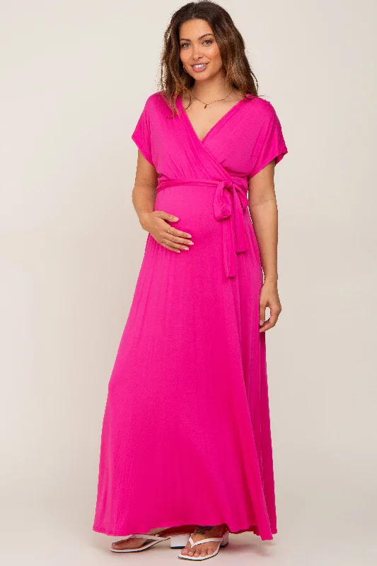 Fuchsia Basic Maternity Wrap Maxi Dress