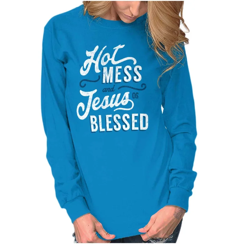 Men's long sleeve thermal shirts with thumbholes for extra warmth Hot Mess Blessed Long Sleeve T-shirt Men's long sleeve thermal shirts with thumbholes for extra warmth Hot Mess Blessed Long Sleeve T-shirt