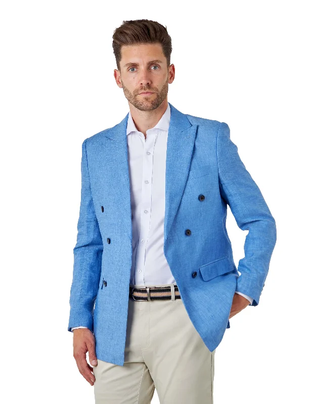 Men Blazers for Fashion Shows in Trendy and Avant - Garde Styles LEWIS - Tailored Fit Sky Blue Linen Double Breasted Suit Jacket Men Blazers for Fashion Shows in Trendy and Avant - Garde Styles LEWIS - Tailored Fit Sky Blue Linen Double Breasted Suit Jacket