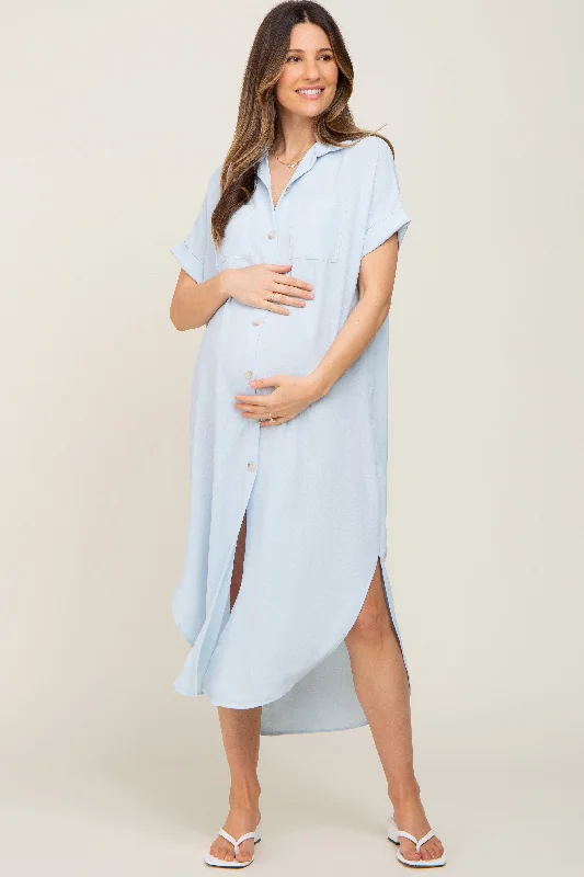 Light Blue Button Down Hi Low Maternity Maxi Dress