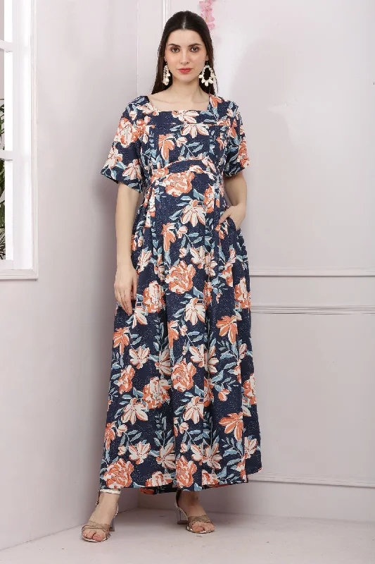 Midnight Blue Flowerbomb Maternity & Nursing Maxi Dress