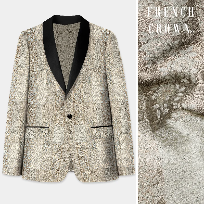 Men Blazers with Valentine's Day - Inspired Prints for Romantic Occasions Nomad Brown and Armadillo Gray Jacquard Floral Weave Tuxedo Blazer Men Blazers with Valentine's Day - Inspired Prints for Romantic Occasions Nomad Brown and Armadillo Gray Jacquard Floral Weave Tuxedo Blazer