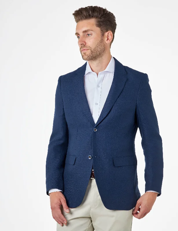 Men Blazers for Barbecues in Laid - back and Comfortable Styles RAY - Tailored Fit Navy Herringbone Linen Suit Jacket Men Blazers for Barbecues in Laid - back and Comfortable Styles RAY - Tailored Fit Navy Herringbone Linen Suit Jacket