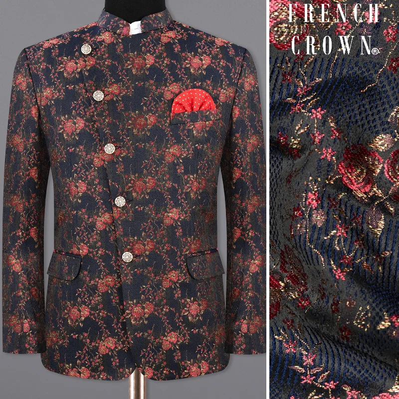 Men Blazers for Concerts in Rock - Inspired Styles Rhino Blue with Rose Textured Cross Placket Bandhgala Designer Blazer Men Blazers for Concerts in Rock - Inspired Styles Rhino Blue with Rose Textured Cross Placket Bandhgala Designer Blazer