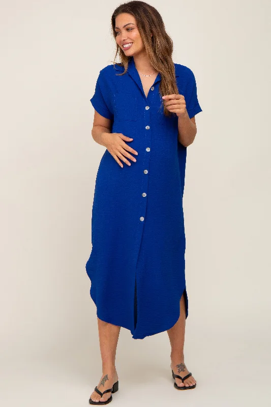 Royal Blue Button Down Hi Low Maternity Maxi Dress