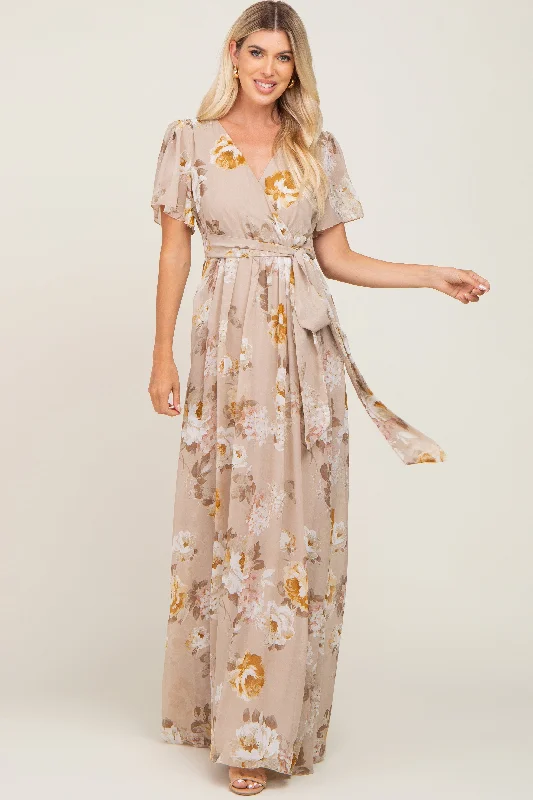 Taupe Floral Chiffon Wrap Short Sleeve Maxi Dress