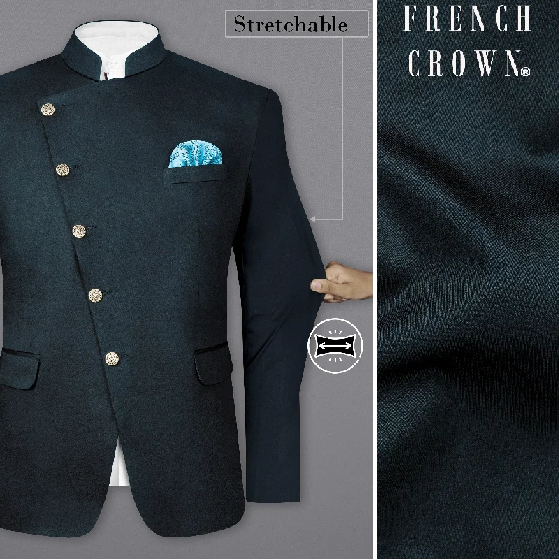 Men Blazers for Horse Racing Events in Traditional and Elegant Styles Timber Sea Blue Cross Placket Stretchable Premium Cotton Bandhgala traveler Blazer Men Blazers for Horse Racing Events in Traditional and Elegant Styles Timber Sea Blue Cross Placket Stretchable Premium Cotton Bandhgala traveler Blazer