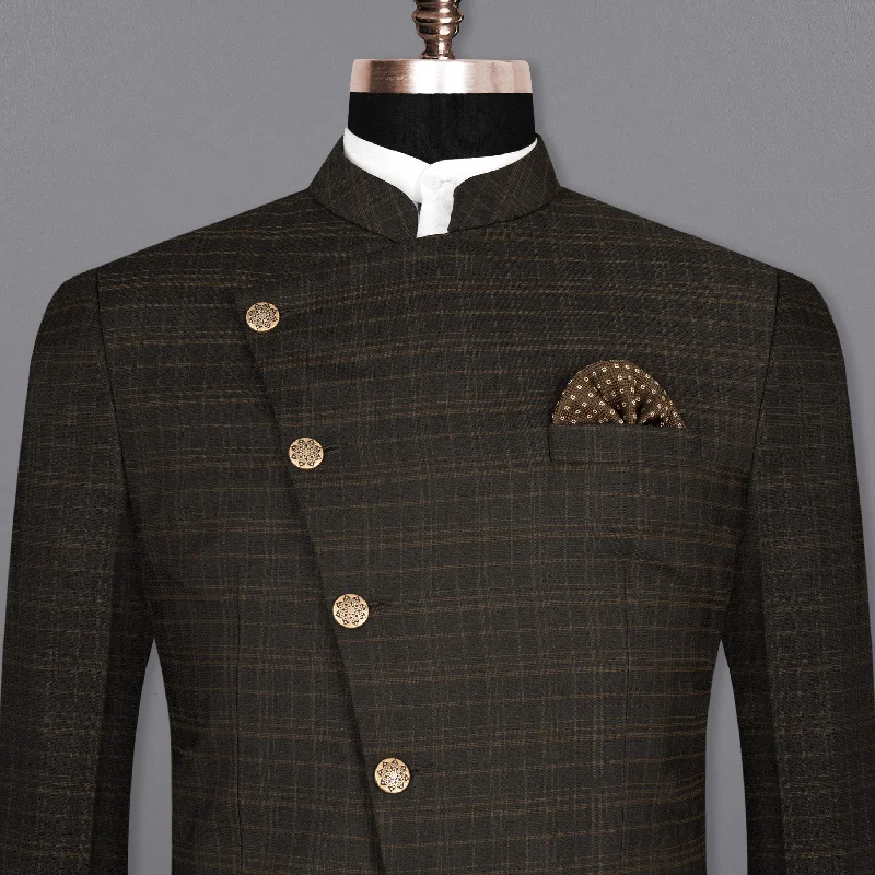 Men Blazers for Weddings as Groom's Attire Wood Bark windowpane Wool Rich Cross Placket Bandhgala Blazer Men Blazers for Weddings as Groom's Attire Wood Bark windowpane Wool Rich Cross Placket Bandhgala Blazer