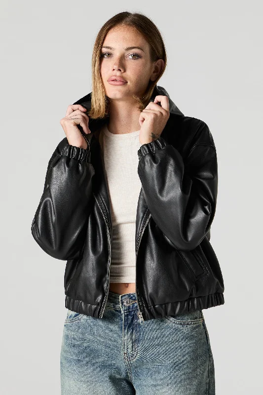 Faux Leather Hooded Bomber Jacket