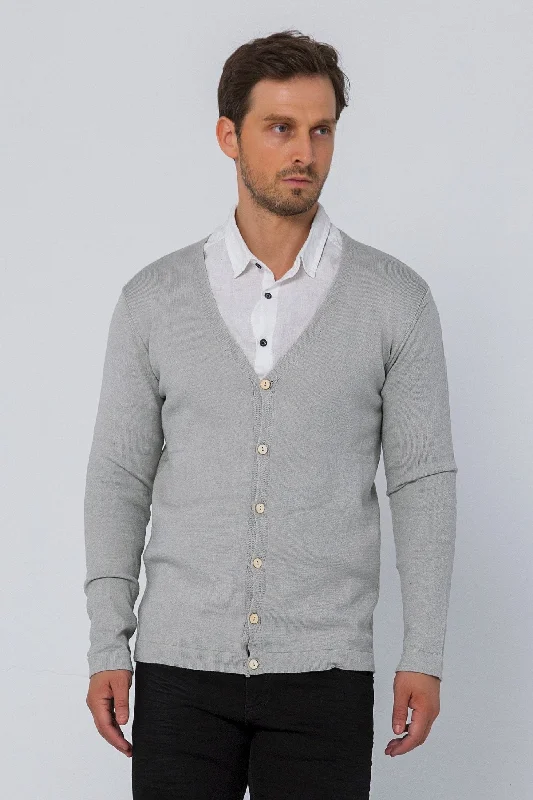 Classic V-neck Button Front Knit Shirt - Grey