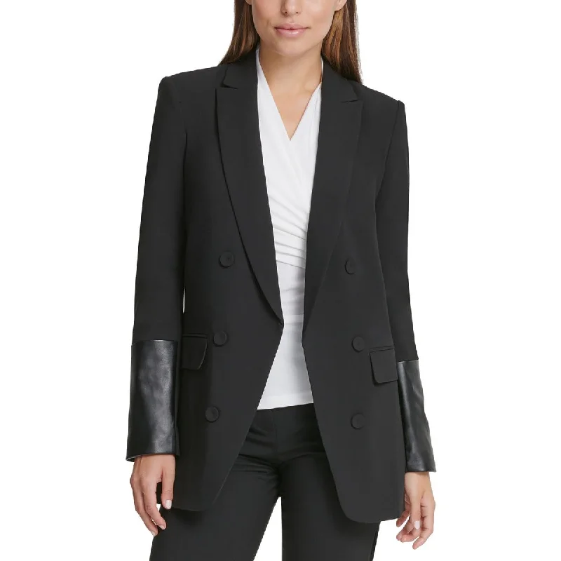 Petites Womens Faux Leather Trim Special Evening Double-Breasted Blazer