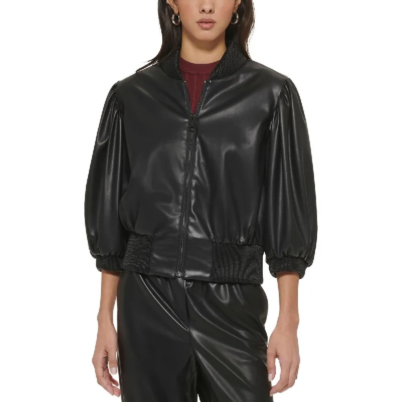 Womens Faux Leather Short Bomber Jacket