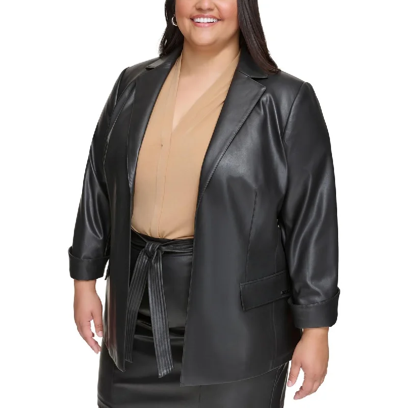 Plus Womens Faux Leather Suit Separate Open-Front Blazer