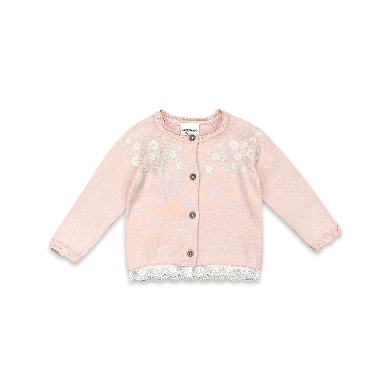 Floral Embroidered Baby Cardigan with Lace Trim (Organic Cotton) - 2 Colors