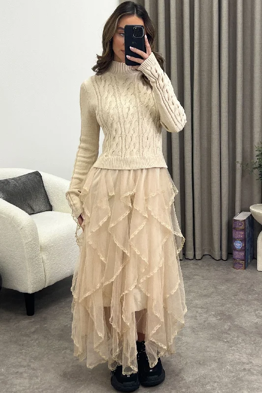 Mariah Beige Cable Knit Mesh Frill Maxi Dress