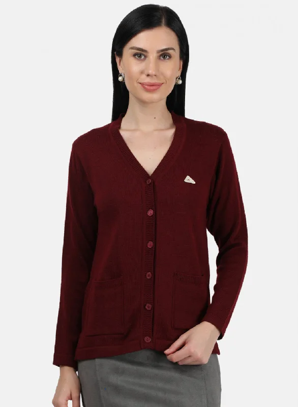 Women Dark Maroon Solid Cardigan