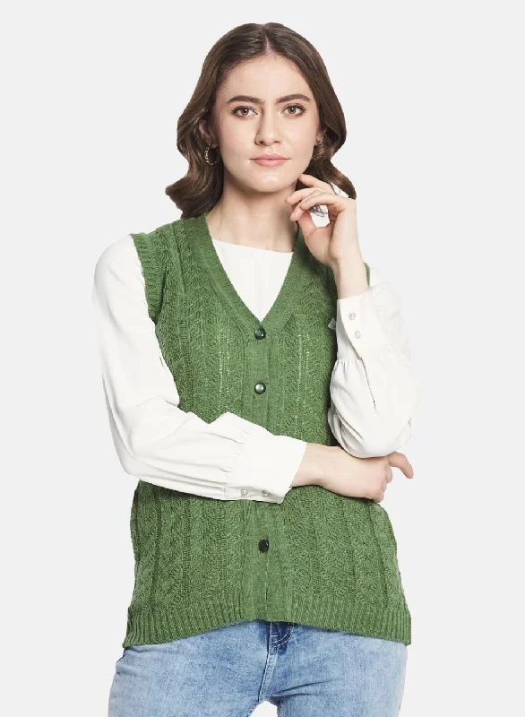 Women Green Self Design Cardigan