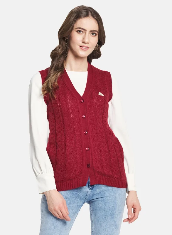 Women Maroon Self Design Cardigan