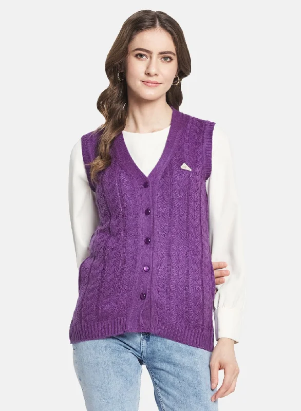 Women Purple Self Design Cardigan